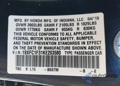 2019 Honda Civic Ex from USA, damaged, VIN 19XFC1F31KE203580